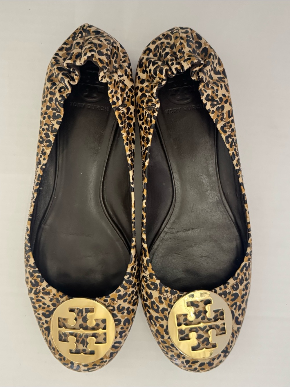 Tory Burch Reva Leopard Print Ballet Flats Gold Logo Size 11M